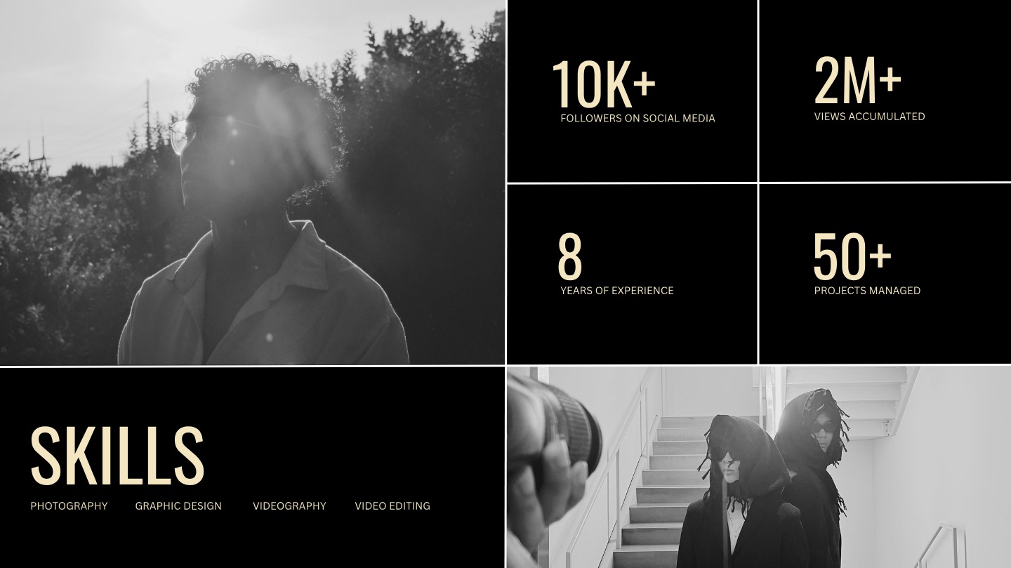 Stats and skills: followers, views, experience, projects, and skills list